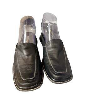 Cloud 9 Black Leather Slip-On Mule Loafers with Contrast Stitching